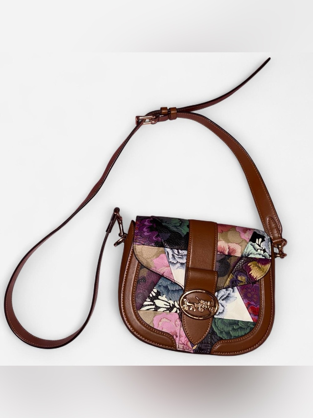 coach x kaffe fassett georgie floral patchwork leather saddle crossbody bag